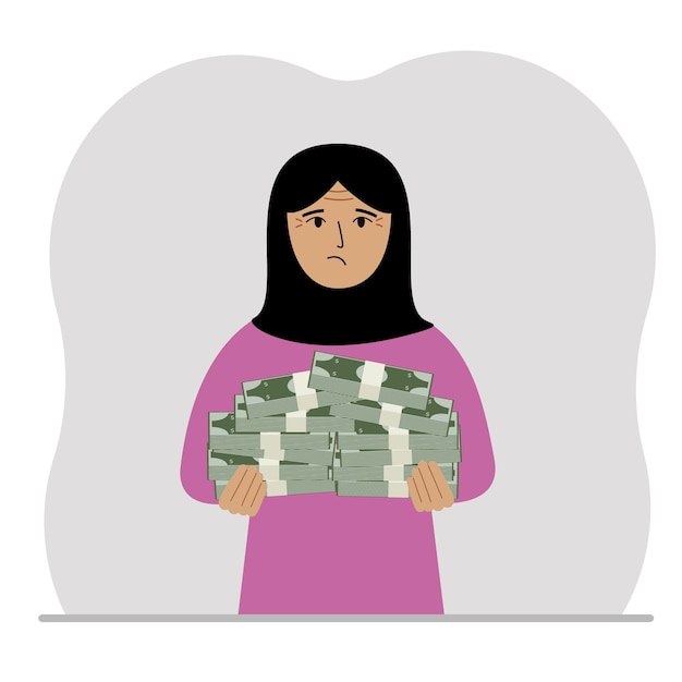 Une Femme Musulmane Tient Un Gros Tas De Papier-monnaie