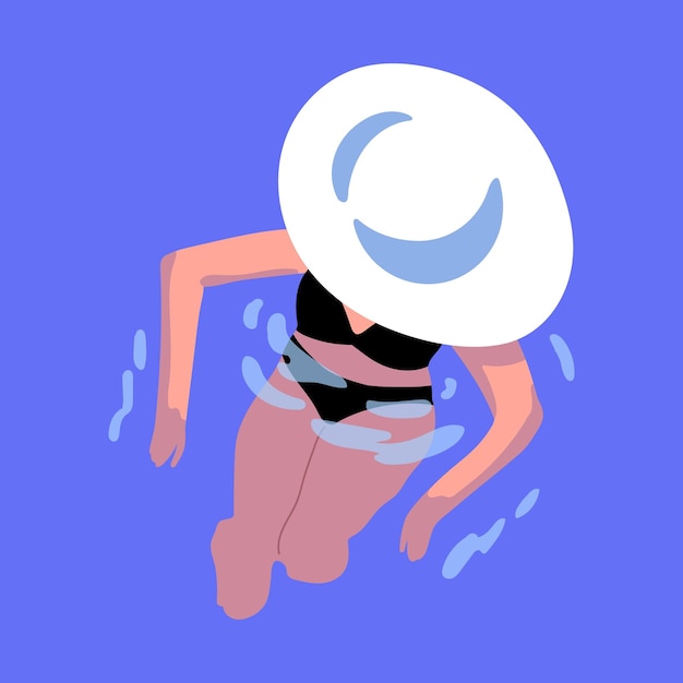 Femme Nageant Dans L'eau Fille En Bikini Et Chapeau De Plage Debout Dans La Piscine Relaxante Pendant Les Vacances D'été Personnage Féminin Aérien En Maillot De Bain à L'intérieur De La Mer Aqua à La Taille Illustration Vectorielle Plane