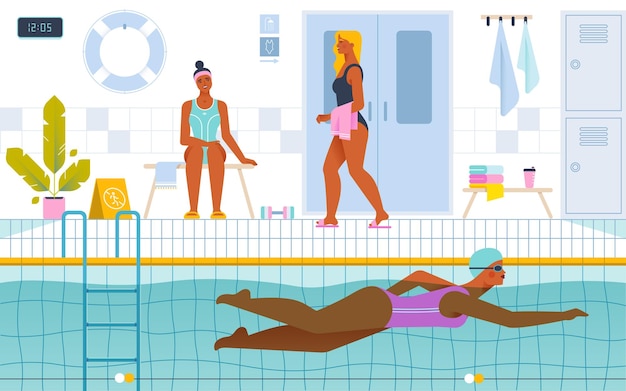 Femme nageant dans la piscine nageurs équipe de natation Illustration vectorielle plate