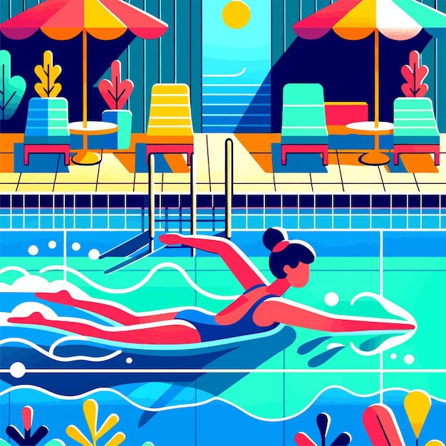 Vecteur femme nageant en style libre dans la piscine dans une illustration de design plat