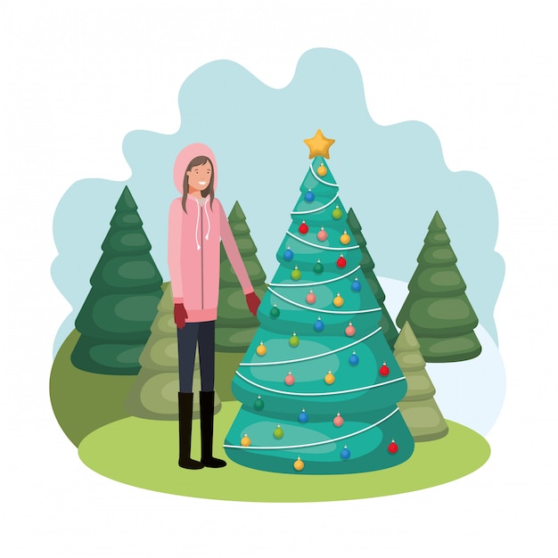 Femme, Noël, Arbre, Paysage