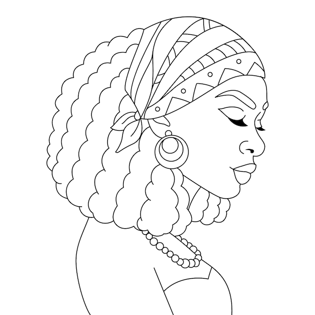 Vecteur femme noire africaine tête wrap écharpe bandana tresses coiffure afro fille vecteur coloriage contour de la page