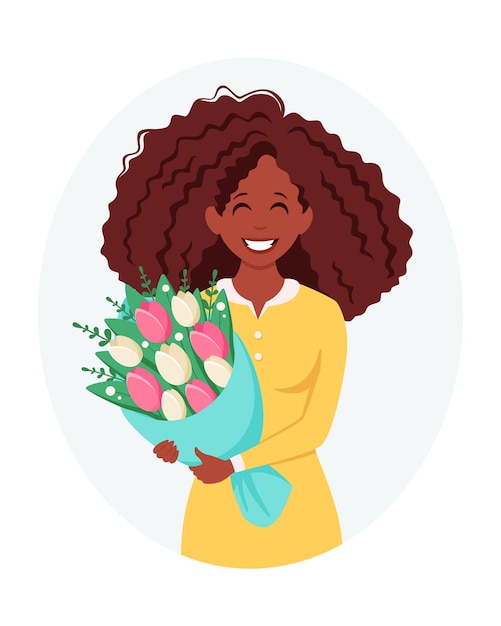 Vecteur femme noire avec un bouquet de fleurs