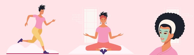 Femme noire courant faisant la posture du lotus dans le yoga et un masque facial nettoyant Concept de relaxation de traitement de soins de la peau