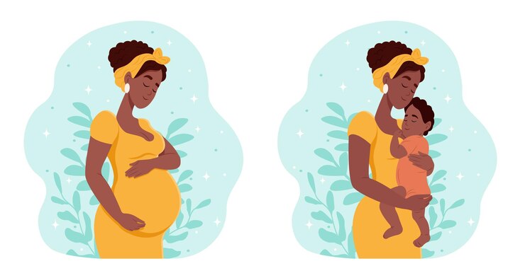 Vecteur femme noire enceinte avec un ventre mère avec un nouveau-né grossesse et maternité