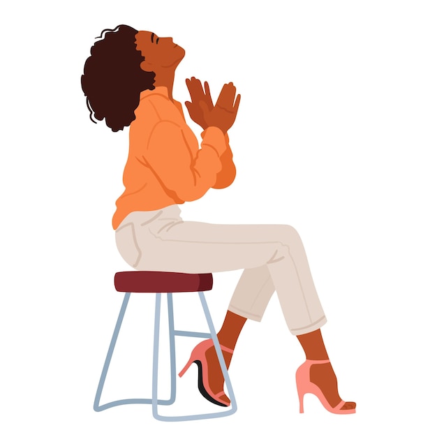 Vecteur femme noire est assise gracieusement sur une chaise, ses paumes applaudissant ensemble en appréciation, un sourire chaleureux sur son visage, rayonnant de joie et d'approbation, applaudissant un personnage féminin, dessin animé, gens, illustration vectorielle