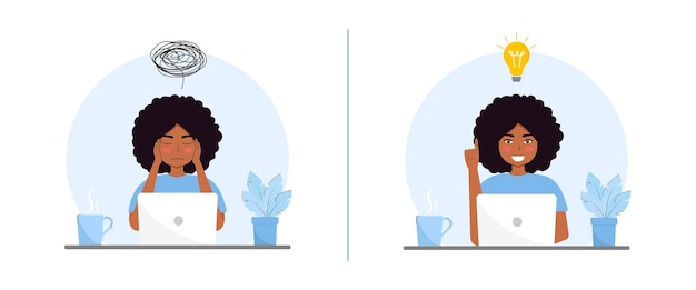 femme noire, penser, et, trouver, solution, vecteur, plat, illustration