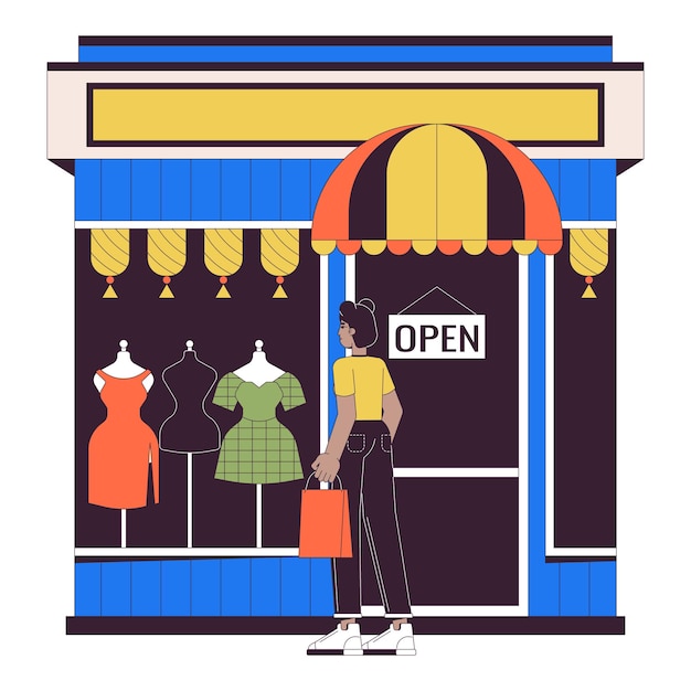 Femme noire regardant des vêtements dans un magasin de mode personnage de dessin animé linéaire 2D