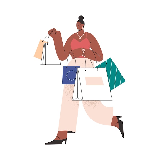 Vecteur femme noire tenant de nombreux sacs à provisions avec des vêtements de mode. client heureux, portant des achats. shopper marchant avec des packs dans les mains. illustration vectorielle plane isolée sur fond blanc.