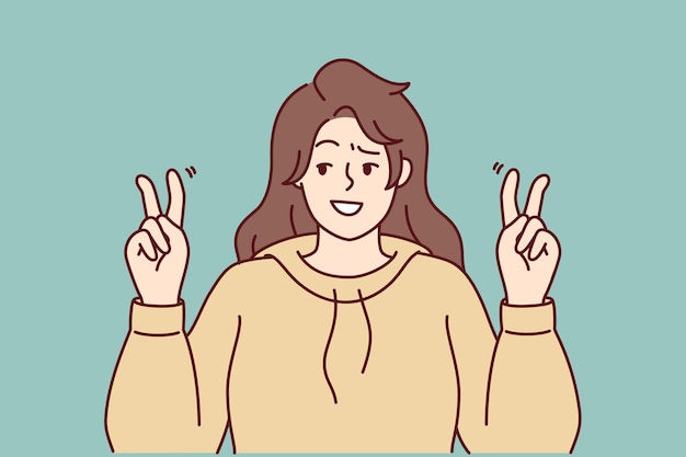Une femme optimiste lève les mains entre guillemets lorsqu'elle exprime le sarcasme dans la conversation Image vectorielle