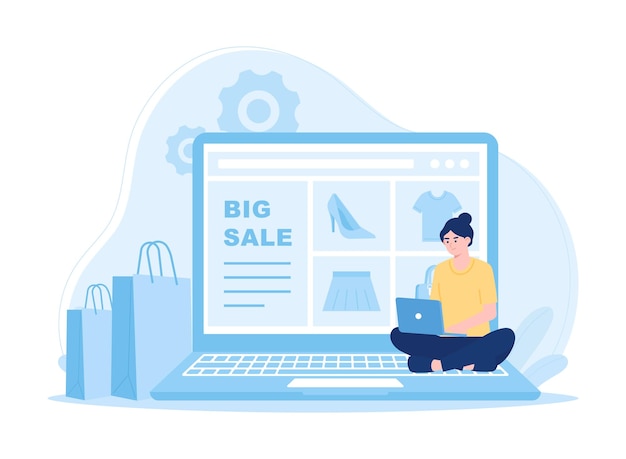 Femme avec un ordinateur portable assise dans une chaise confortable magasin de concept en ligne illustration plate
