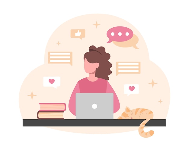La femme sur l'ordinateur portable communication sur les réseaux sociaux personnage écrit à ses technologies modernes aimées