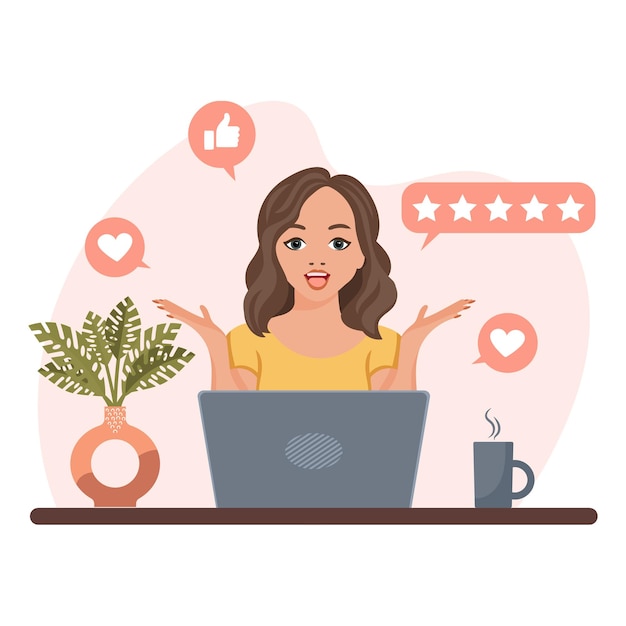 Une femme avec un ordinateur portable reçoit des likes commentaires avis commentaires Blogger pigiste Illustration