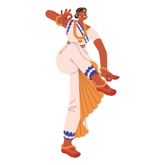 Vecteur femme orientale dansant la danse indienne traditionnelle danseur effectuer en costume national interprète debout dans la pose de kuchipudi montrer les coutumes asiatiques illustration vectorielle plate isolée sur fond blanc