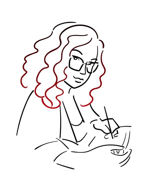 Vecteur femme ouvrière moderne bouclée fille en lunettes artiste avec un stylet étudiante en classe cheveux en dégradé lumineux gauches illustration vectorielle dans le style de croquis