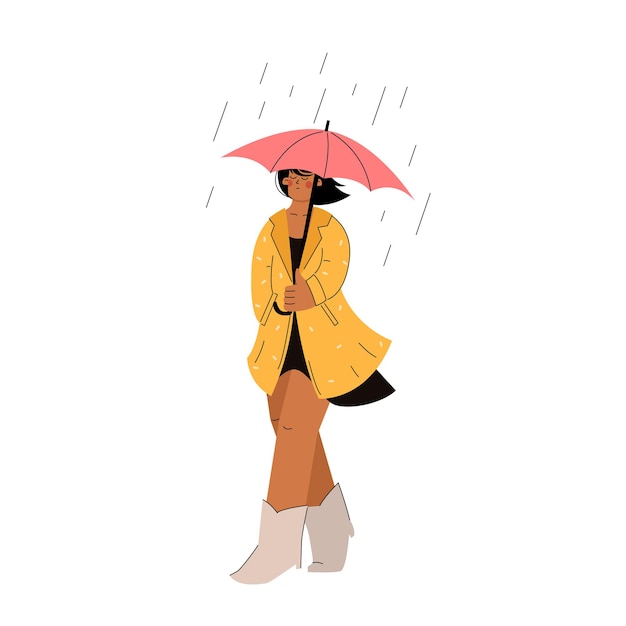 Femme Avec Parapluie Sous La Pluie Dans Un Imperméable En Style Cartoon Dessiné à La Main