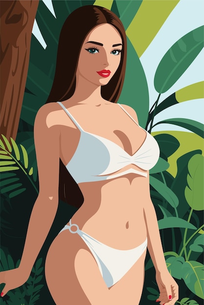 Une femme parfaite dans un bikini nage dans une illustration vectorielle tropicale.