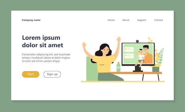 Femme Parlant à Son Mari Et Son Bébé Via La Page De Destination De L'appel Vidéo