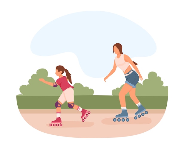 Femme en patin à roulettes avec sa fille dans le parc Parents et enfants faisant du sport ensemble