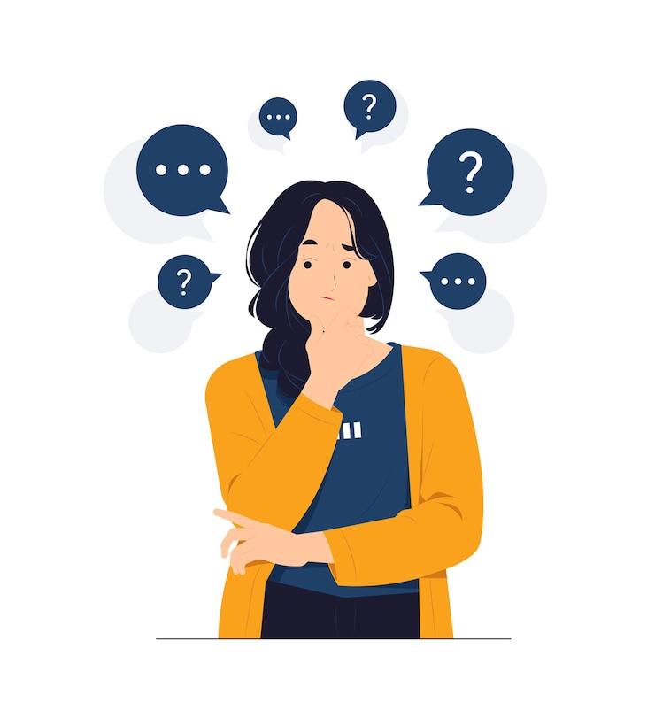Vecteur femme pensante posant des questions se sentant confuse levant les yeux avec une expression réfléchie et ciblée deviner et douter de l'illustration du concept