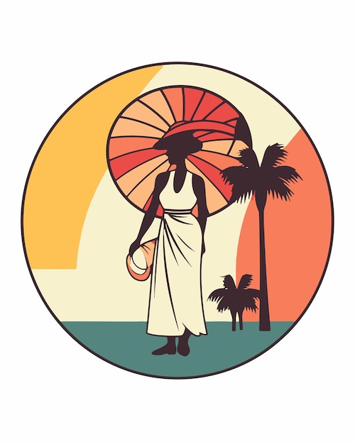 Femme sur la plage avec palmiers et soleil en arrière-plan vector art illustration