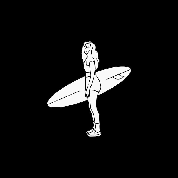 Vecteur une femme avec une planche de surf sur le dos se tient devant un fond noir.