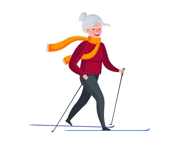 Vecteur femme plus âgée ski femme âgée activité hivernale vieille dame mode de vie sain grand-mère à la retraite déménagement