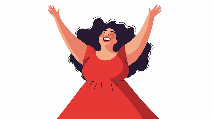 Vecteur une femme plus grande joyeuse riant dans une robe rouge