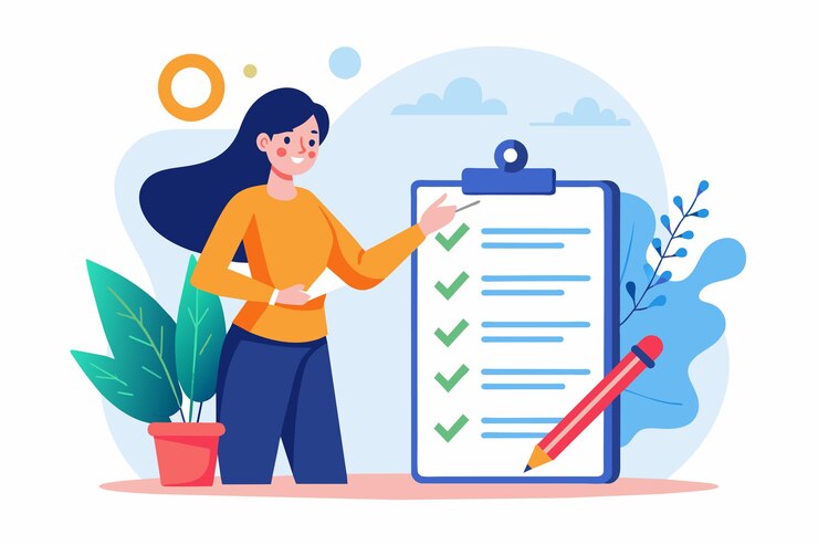 Vecteur femme pointant vers le bloc-notes avec liste de contrôle femme faisant une liste de contrôle pour le contrôle des règles des entreprises illustration vectorielle plate simple et minimaliste