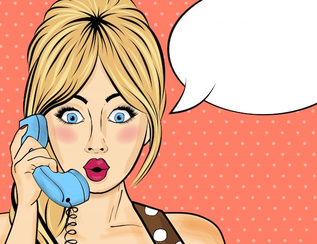 Femme De Pop Art Discutant Sur Téléphone Rétro