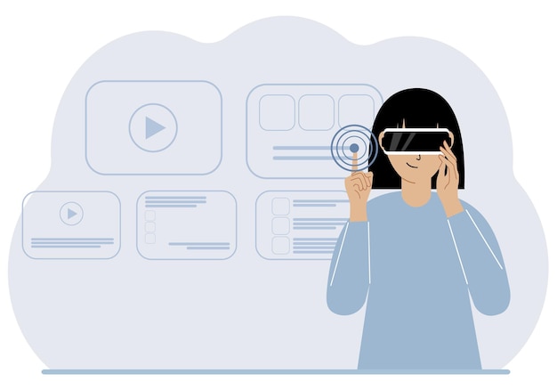 Une femme portant un casque de réalité virtuelle étudie des œuvres joue et travaille