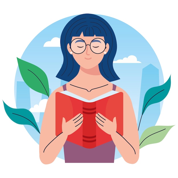 Femme portant des lunettes de lecture de livre de texte avec le caractère de feuilles