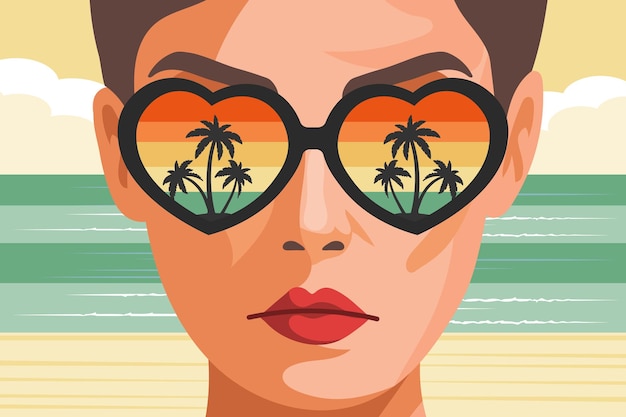 Femme portant des lunettes de soleil en forme de cœur reflétant le coucher de soleil tropical Concept de vacances d'été