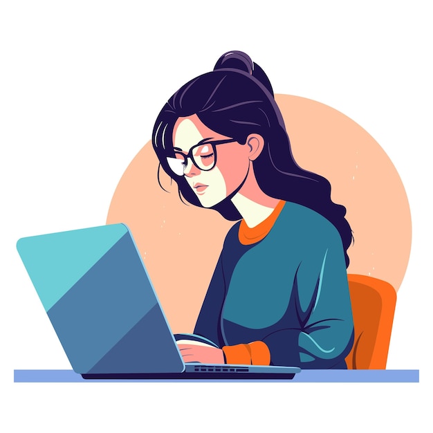 Une femme portant des lunettes travaillant avec un ordinateur portable