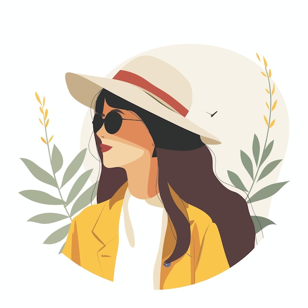 Une femme portant une veste jaune et un chapeau de paille avec des lunettes de soleil sur le visage