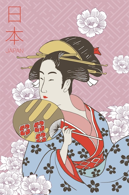 Vecteur femme portant des vêtements traditionnels japonais. costume de geisha. motif de fleurs. dessiné à la main