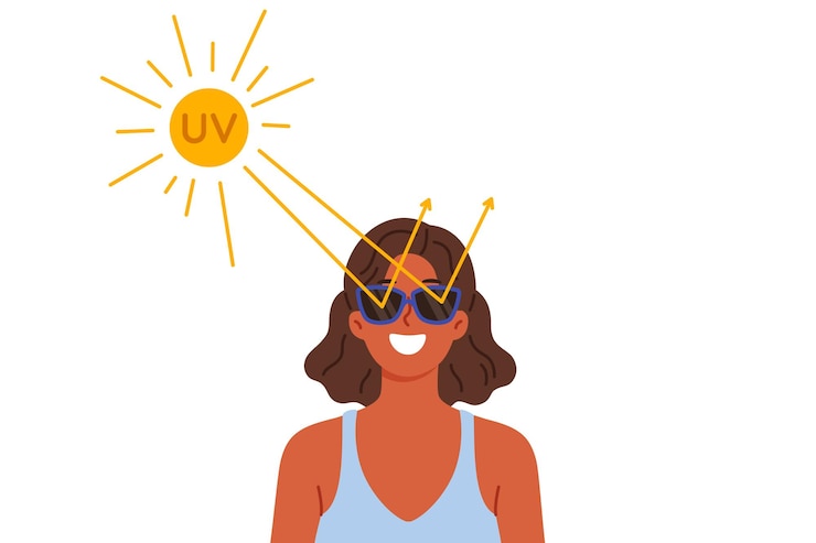 Vecteur une femme porte des lunettes de soleil pour protéger les yeux des rayons ultraviolets et éviter les dommages à la rétine.