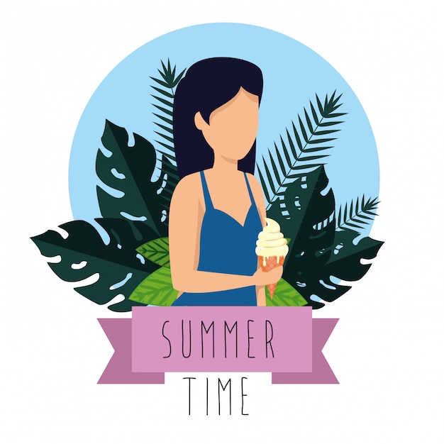 Femme, porter, maillot de bain, glace, et, plantes