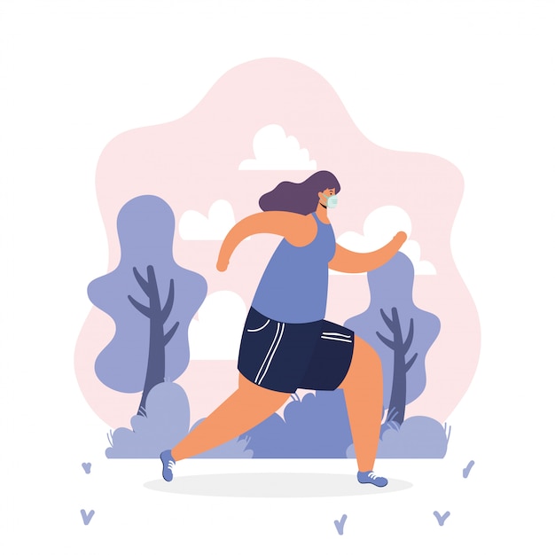 Femme, porter, masque médical, courant, sport, dans parc