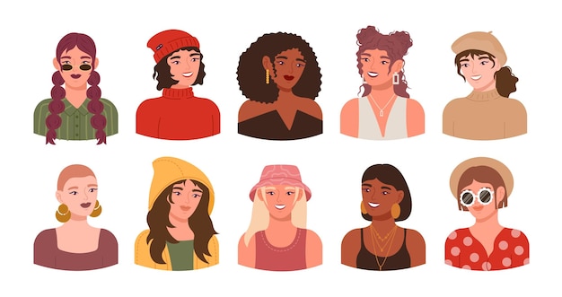 Femme portrait fille avatars collection féminisme mode hipster lunettes et coiffures personnages créatifs multiethniques européens et africains illustration de dessins animés vectoriel