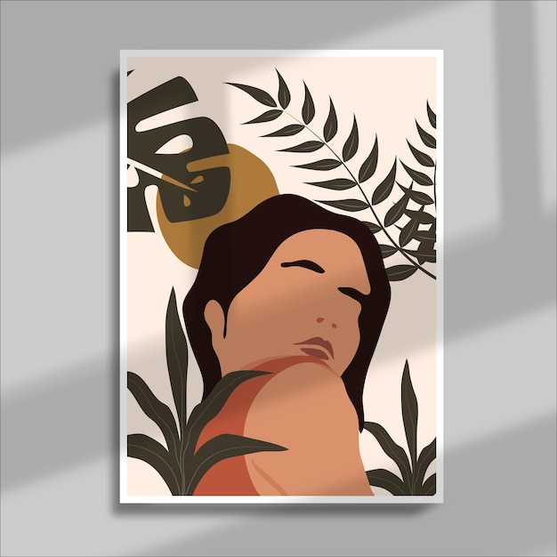 femme portrait minimal abstrait avec des feuilles tropicales affiche boho pour la décoration murale