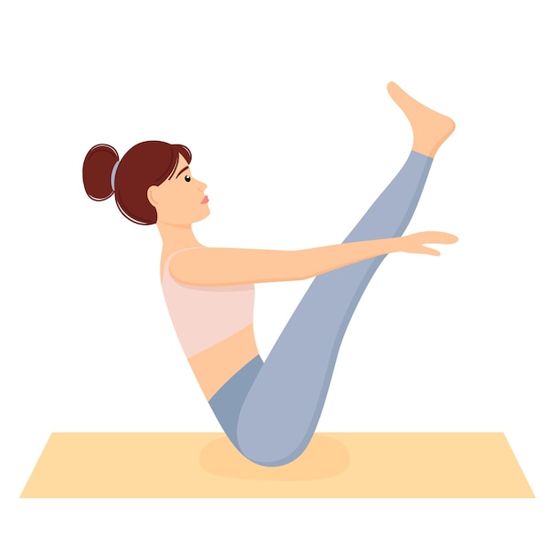 Femme en pose de bateau Fille faisant des exercices de fitness et de yoga sur tapis Illustration vectorielle d'entraînement