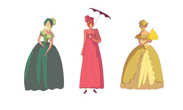 Femme en pose debout portant une robe à l'ancienne ou une robe de bal Vector Set