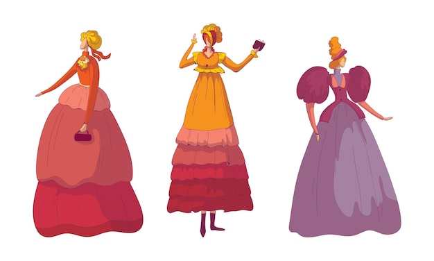 Femme en pose debout portant une robe à l'ancienne ou une robe de bal Vector Set