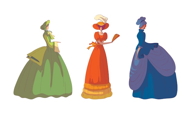 Femme en pose debout portant une robe à l'ancienne ou une robe de bal Vector Set