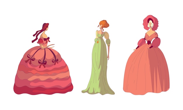 Femme en pose debout portant une robe à l'ancienne ou une robe de bal Vector Set