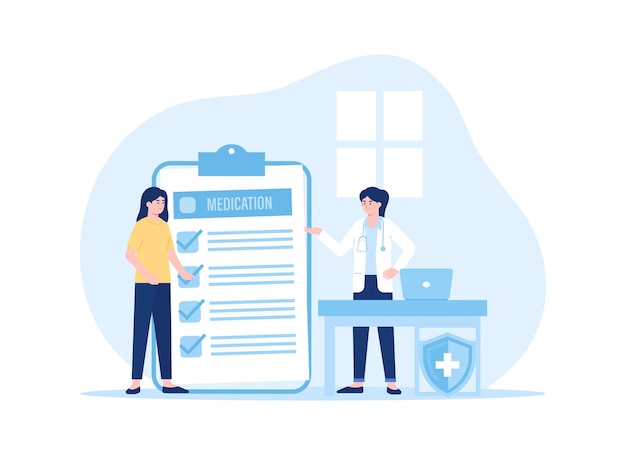 une femme pose des questions sur les médicaments avec une illustration plate du concept de tendance du médecin
