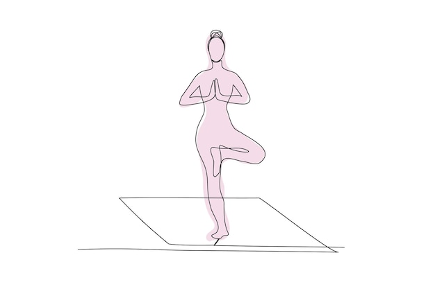 Vecteur femme, pose yoga, arbre, continu, dessin ligne, pose yoga, silhouette femelle, de, énergie