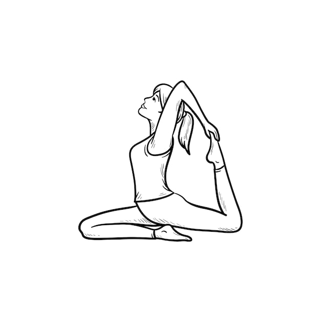 Femme Pratiquant Le Yoga King Pigeon Pose Icône De Doodle Contour Dessiné à La Main. Stretching, Poses De Yoga, Concept De Remise En Forme