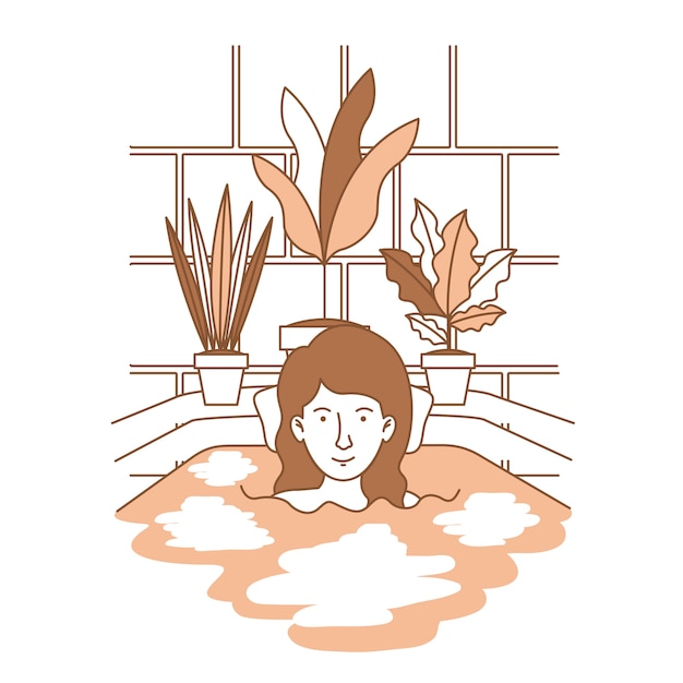 Vecteur femme prenant une baignoire avec des plantes d'intérieur